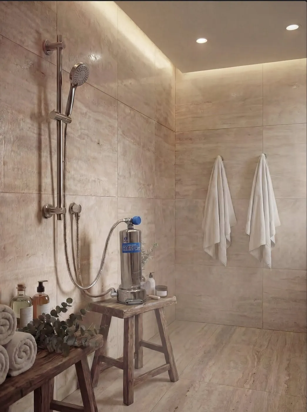 The Anespa DX in a stone shower
