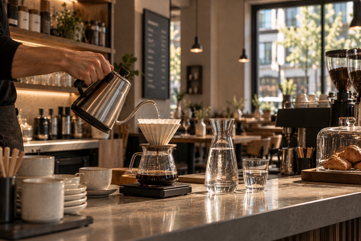 A barista pouring filter coffee