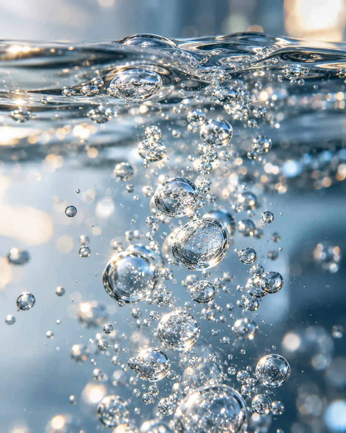 Fine bubbles rising through clear water