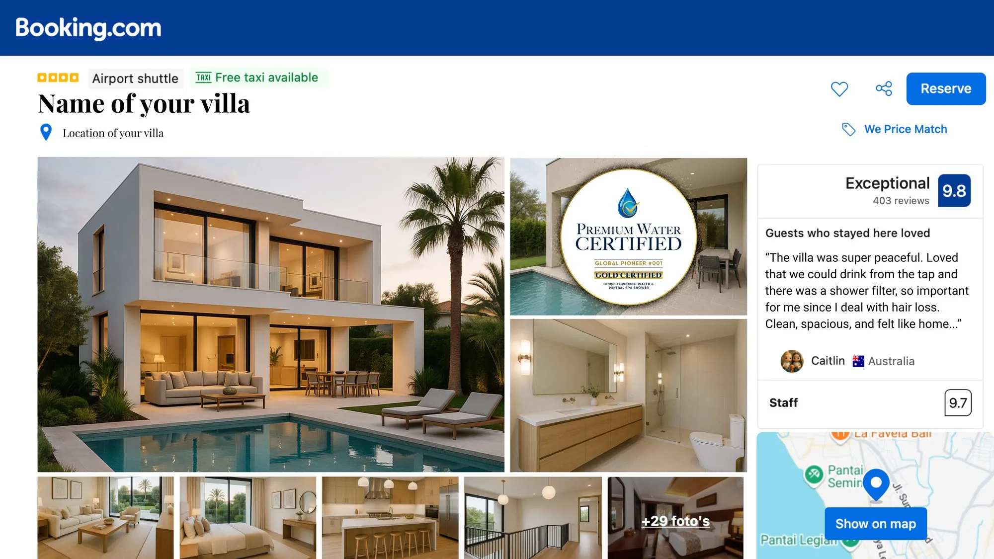 A villa listing on a booking platform with the Premium Water Certified badge