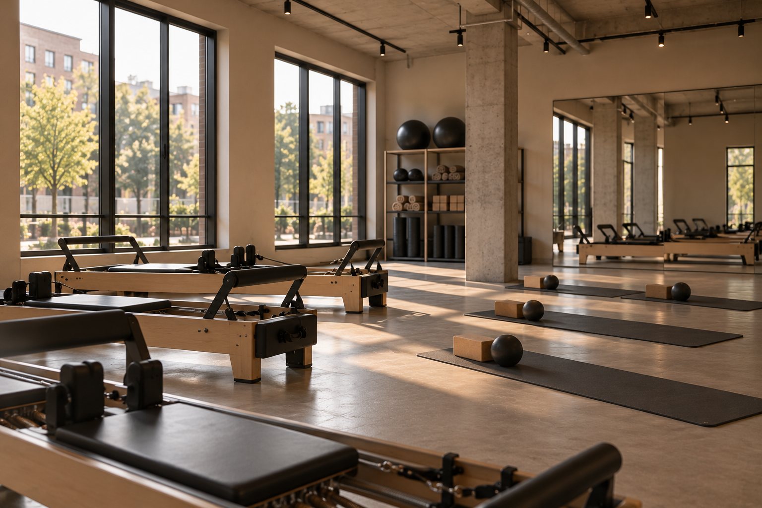 A calm pilates studio with reformers