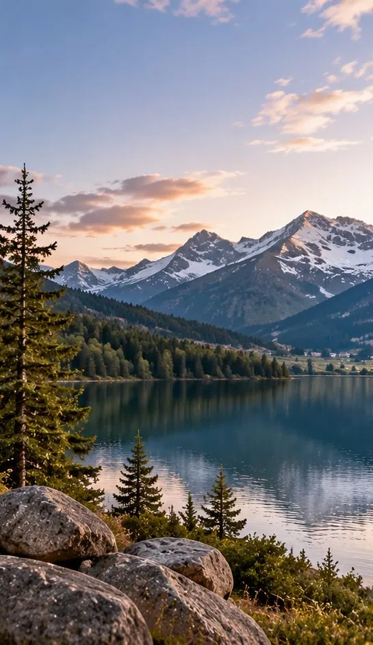 An alpine lake below snow-capped mountains