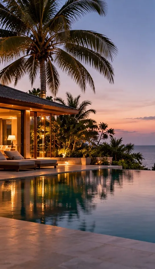 A tropical villa with a pool under palm trees