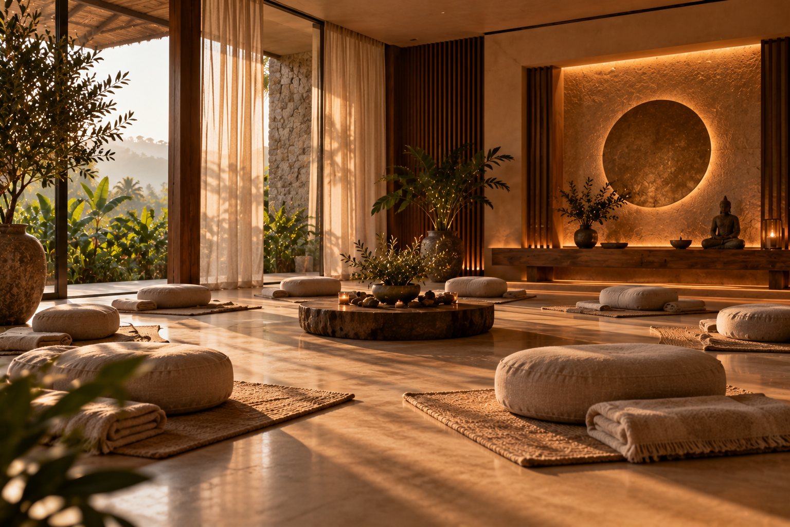 A meditation room in golden light