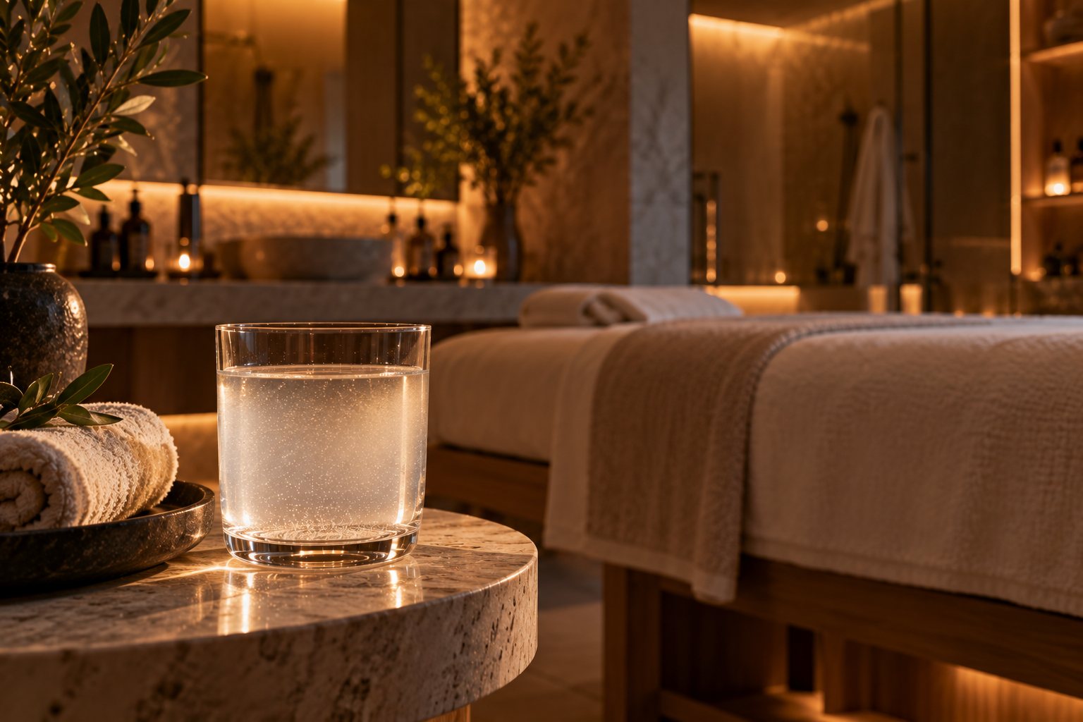 A glass of water in a spa treatment room