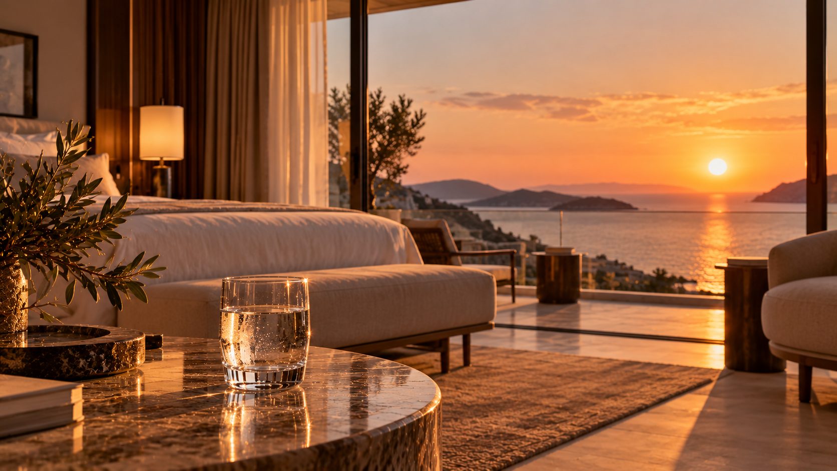 A hotel suite opening onto the sea at sunset